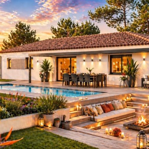 Maison contemporaine 110 m² avec 4 chambres et garage sur terrain de 556 m² à Saussan, proche écoles et commodités