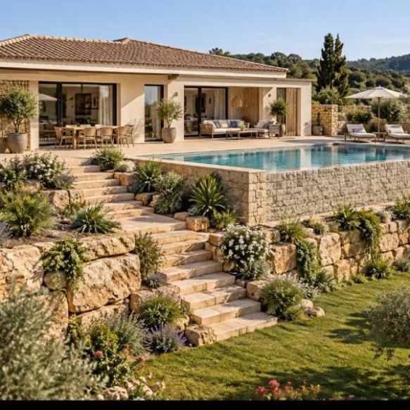 Projet de construction à Sommières : maison contemporaine neuve 120 m² en plain-pied en L avec terrain viabilisé de 1955 m², suite parentale et garage 20 m²