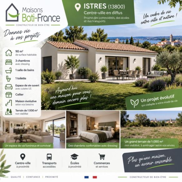 Maison neuve évolutive de plain-pied 90 m² sur terrain de 1 000 m² à Istres (13800)