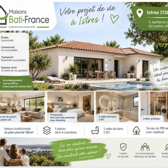 Maison neuve de plain-pied 120 m² avec terrain de 731 m² à Istres (13800)  proche centre-ville