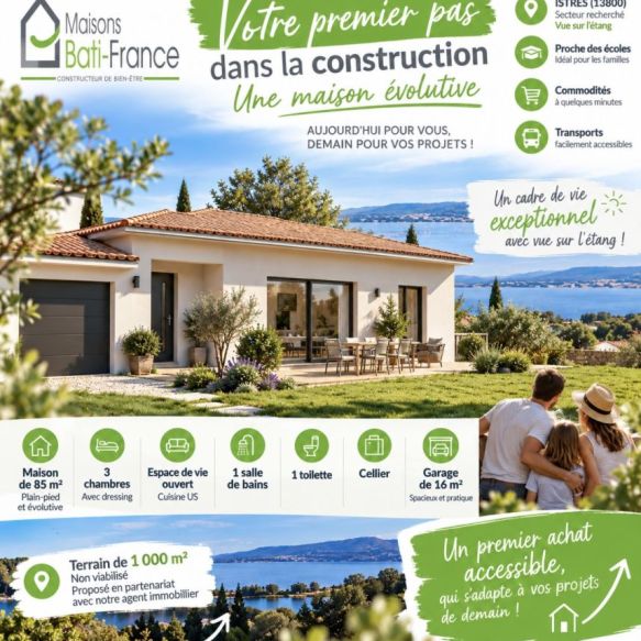 Premier achat à Istres : maison évolutive 3 chambres avec terrain de 1 000 m² et vue sur l’étang