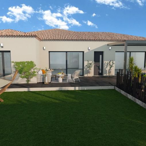 Maison de plain pieds de 90m² avec 3 chambres 1 salle de bain équipé d'un meuble double vasque bac a douche extra plat une pièce de vie de 42m² avec cuisine ouverte sur un terrain de 800m² a Aurons