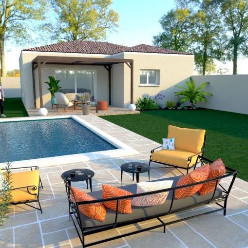 maison de plain pieds de 75m² avec 2 chambres une salle de bains équipée bac a douche extra plat 90x120 meuble double vasque une pièces de vie de 34m² avec cuisine ouverte sur un terrain de  390m² à saint mitres les remparts