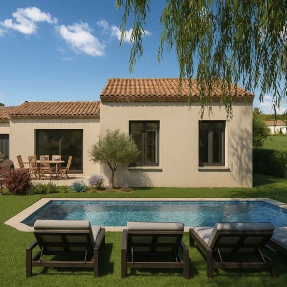 Maison plain-pied 95 m² avec 3 chambres, dressing et garage sur terrain viabilisé de 623 m² à Avignon, proche écoles et commodités