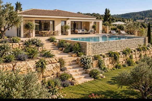 Projet de construction à Sommières : maison contemporaine neuve 120 m² en plain-pied en L avec terrain viabilisé de 1955 m², suite parentale et garage 20 m²