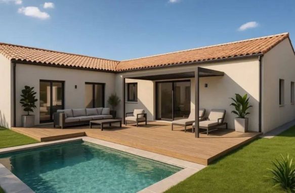 Maison neuve de plain-pied 90 m² avec garage sur terrain de 447 m² au centre de Lézignan-la-Cèbe 34120, proche écoles et commodités