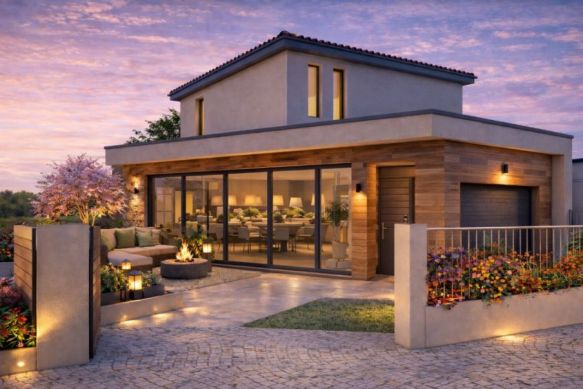 Maison contemporaine neuve de 95 m² avec 4 chambres et garage sur terrain viabilisé de 430 m² au centre d’Alignan-du-Vent, proche écoles et commodités