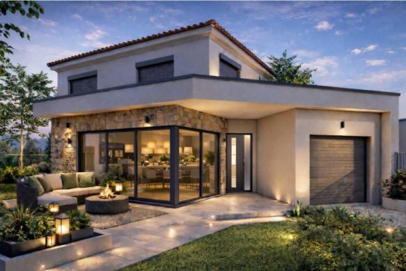 Maison contemporaine 95 m² à construire avec garage sur terrain viabilisé de 370 m² à Lieuran-lès-Béziers (34290)