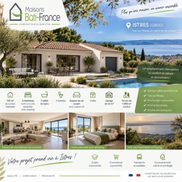 Maison neuve de plain-pied 120 m² avec 4 chambres, garage et terrain de 1 000 m² avec vue sur l’étang à Istres (13800)
