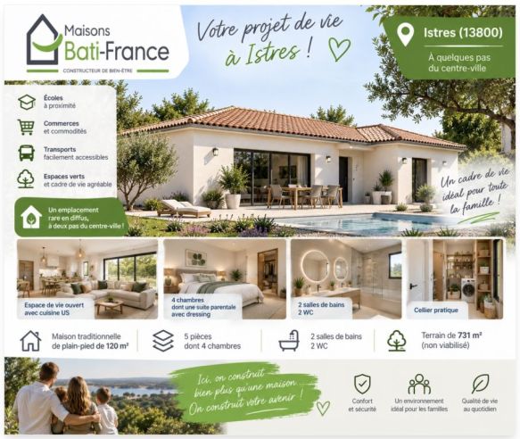 Maison neuve de plain-pied 120 m² avec terrain de 731 m² à Istres (13800)  proche centre-ville