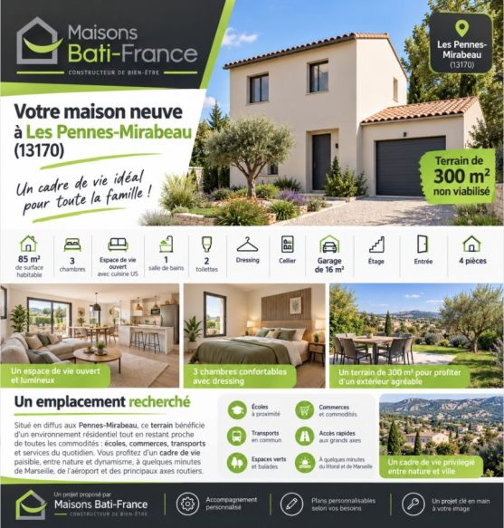 Maison neuve 85 m² avec 3 chambres et garage sur terrain de 300 m² aux Pennes-Mirabeau (13170)