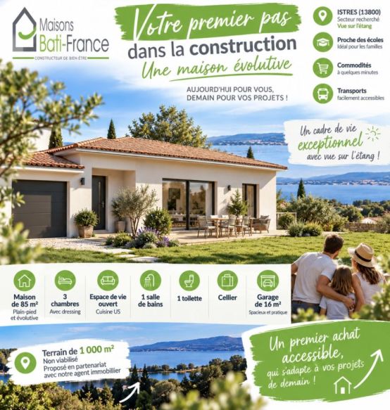 Premier achat à Istres : maison évolutive 3 chambres avec terrain de 1 000 m² et vue sur l’étang