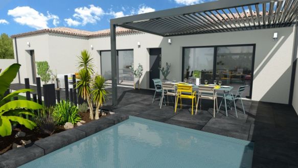 maison de plain pieds de 112m² avec une suite parentale plus 3 chambres 1 salle de bain équipée d'un meuble double vasque une baignoire une grande pièces de vie de 45m² avec cuisine ouverte sur un terrain de 519m² à l'isle sur la sorgue