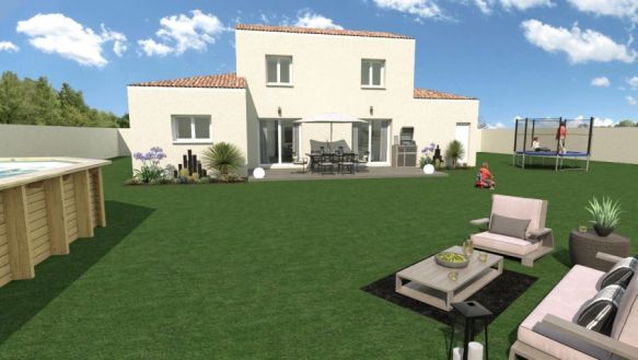 maison à étage de 98m² avec garage de 16m² à l'étage 3 chambres une salle de bains équipée bac a douche extra plat 90x120 meuble double vasque au rdc une pièces à vivre de 45m² avec cuisine ouverte + cellier sur un terrain de 773m² à Fos sur mer