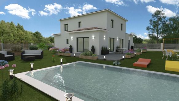 maison à étage de 143m² + garage de 15m²  avec 4 chambres dont une suite parentale à l'étage salle de bain équipée d'un bac à douche extra plat meuble double vasque au rdc une pièces a vivre de 41m² avec cuisine ouverte sur un terrain de 1660m² à lambesc