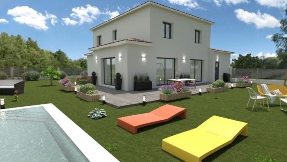 maison à étage de 120m² avec garage de 16m² sur un terrain de 1059m² 3 chambres à l'étage une salle de bains équipée bac à douche extra plat 90x120 meuble double vasque au rdc une suite parentale de 16m² avec pièces à vivre de 52m² + cellier