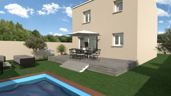 maison à étage de 85m² avec garage de 14m² sur un terrain de 390m² à saint mitre les remparts 3 chambres avec salle de bain équipée bac a douche extra plat 90x120 meuble double vasque au rdc au pièces a vivre de 37 m² cuisine ouverte