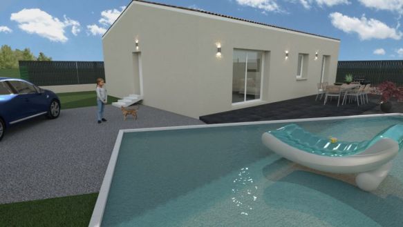 maison de plain pieds de 86m² avec 3 chambres une salle de bain équipée bac à douche extra plat 90x120 meuble double vasque une pièces de vie de 37m² avec cuisine ouverte sur un terrain de 390m² à st mitre les remparts