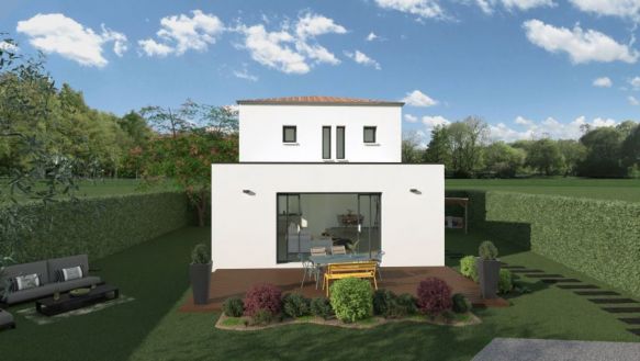 maison à étage de 102m² avec à l'étage 2 chambres une salle de bains équipée baignoire 170x75 au rdc une suite parentale  une pièces à vivre de  46m² avec cuisine ouverte sur un terrain de 773m² à fos sur mer