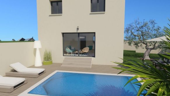 maison à étage 84m² avec 3 chambres une salle de bains équipée bac à douche extra plat 90x120 meuble double vasque au rdc une pièces à vivre de 37m² avec cuisine ouverte sur un terrain de  453m² à fos sur mer