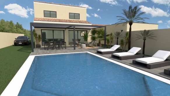 maison de 98m² avec garage de 16m² à l'étage 3 chambres une salle de bains équipée au rdc  une pièces à vivre de 52m² + cellier sur un terrain de 640m² à la Fare les oliviers