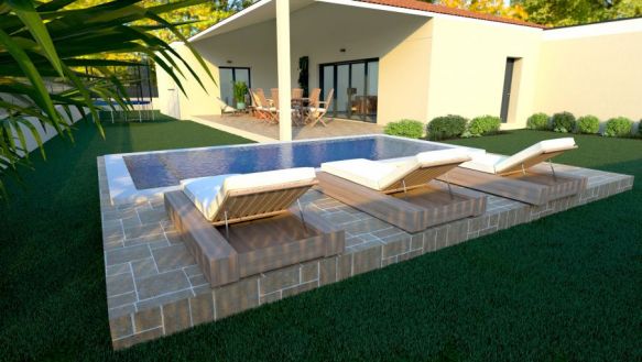 maison de plain pieds de 95m² avec garage de 15m² sur un terrain de 640m² à la Fare les oliviers avec 3 chambres dont une suite parentale une salle de bain équipée une pièces de vie de41m² avec cuisine ouverte + cellier