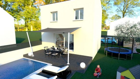 projet de maison à étage de 84m² avec 3 chambres une salle de bains équipée une pièces de vie de 37m² avec cuisine ouverte sur un terrain de 382m² à Lambesc