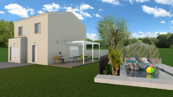 maison à étage de 85m² avec garage de 14m² 3 chambres une salle de bains équipée d'un bac à douche extra plat 90x120 un meuble simple vasque au rdv une pièces de vie de 36m² avec cuisine ouverte sur un terrain de 390m² à saint mitre les rempart