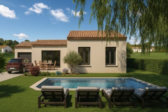 Maison plain-pied 95 m² avec 3 chambres, dressing et garage sur terrain viabilisé de 623 m² à Avignon, proche écoles et commodités
