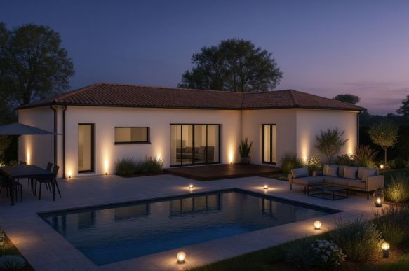 Maison neuve plain-pied en L de 120 m² avec 4 chambres et garage de 20 m² à Lançon-Provence sur terrain de 500 m² proche écoles et commodités