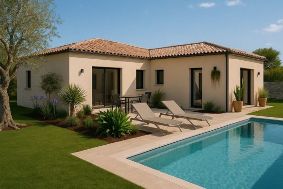 Maison neuve de plain-pied 95 m² avec garage sur terrain viabilisé de 408 m² en centre-ville de Pélissanne, proche écoles, commerces et transports