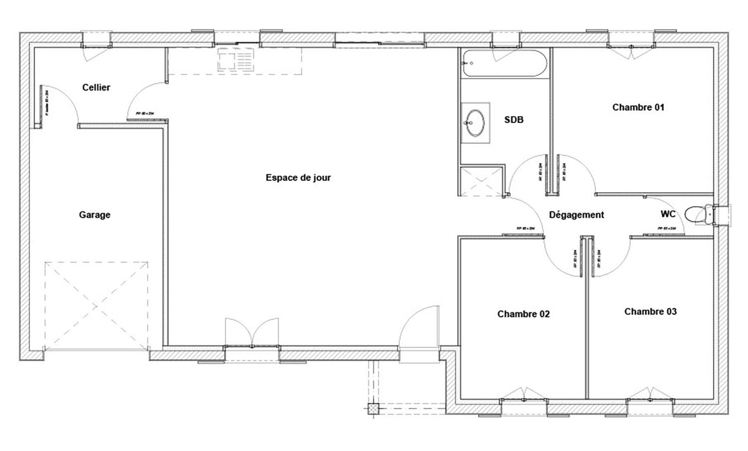 Plan de petite maison 3 chambres avec un bel espace de vie