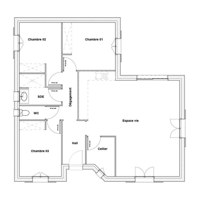 Plan de maison en L 3 chambres - Estival - Maisons Bati-France