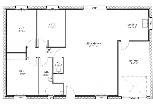 Plan de maison 3 chambres plain-pied- 03 Maisons Bati-France