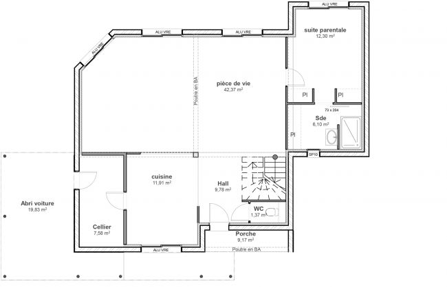 Plan de maison à étage contemporain - RDC - Modèle Lodge - Maisons Bati-France