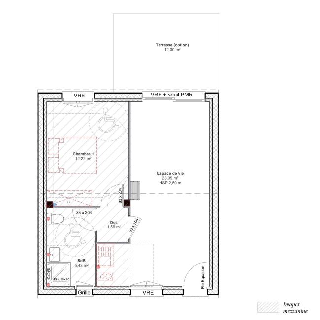 Modele de maison 64 m² - Plan axonometrique - studio de jardin Mezzanine- Maisons Bati-France