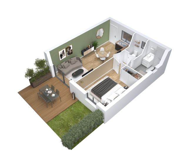 Cocoon 3 - Plan axonometrique - petite maison 1 chambre avec mezzanine et terrasse - Maisons Bati-France