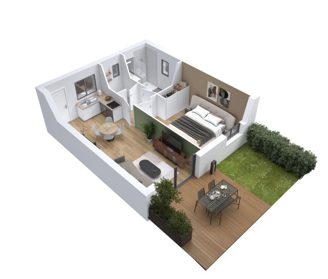 Cocoon 3 - Plan axonometrique - petite maison 1 chambre avec mezzanine et terrasse - Maisons Bati-France