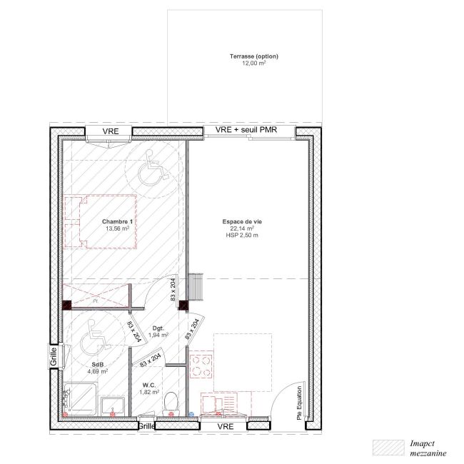 Cocoon 3B - Plan - petite maison 1 chambre avec mezzanine et terrasse - Maisons Bati-France