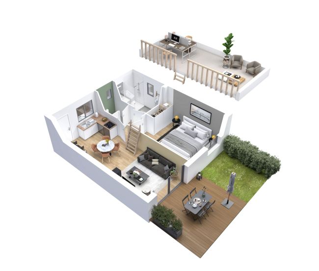Cocoon 3B - Plan axonometrique - petite maison 1 chambre avec mezzanine et terrasse - Maisons Bati-France