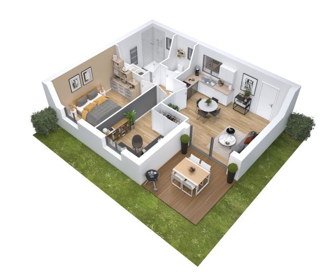 Cocoon 4 - Plan axonometrique - maison 50 m² - 2 chambres - Maisons Bati-France