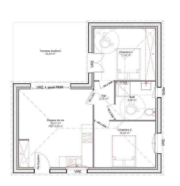 Cocoon 5 - Plan - 50 m² - 2 chambres - grande terrasse - Maisons Bati-France