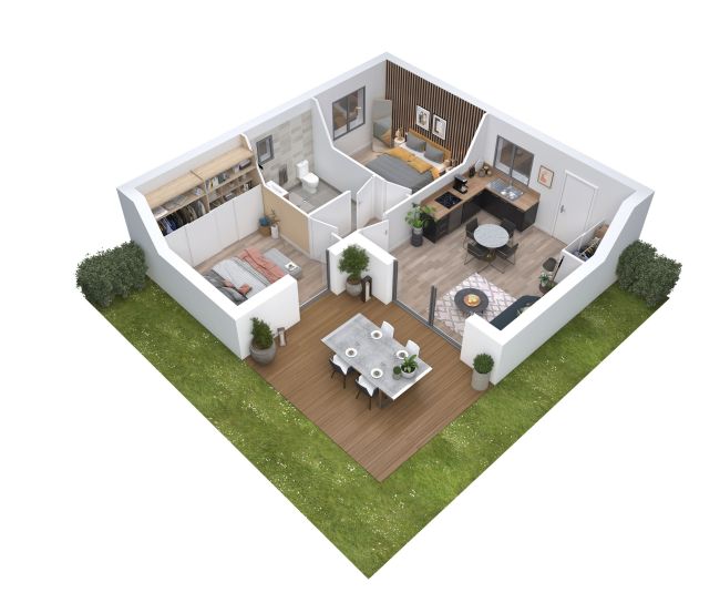 Cocoon 5 - Plan axonometrique - 50 m² - 2 chambres - grande terrasse - Maisons Bati-France
