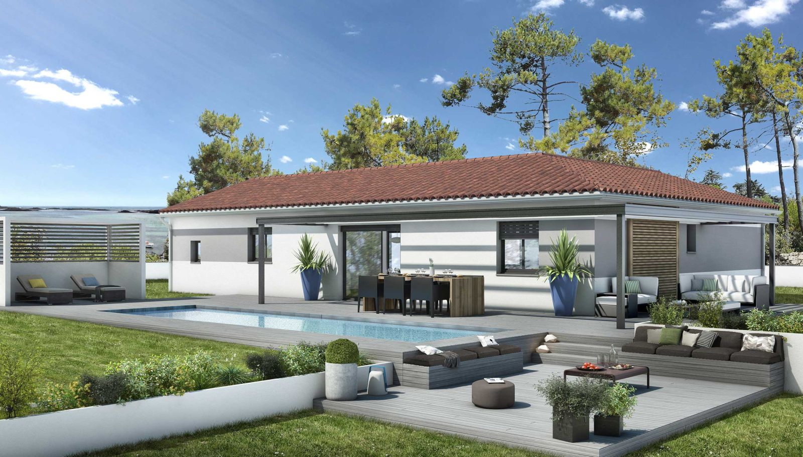 Modèle de maison contemporain de plain-pied en L - Modèle Sweet - Maisons Bati-France