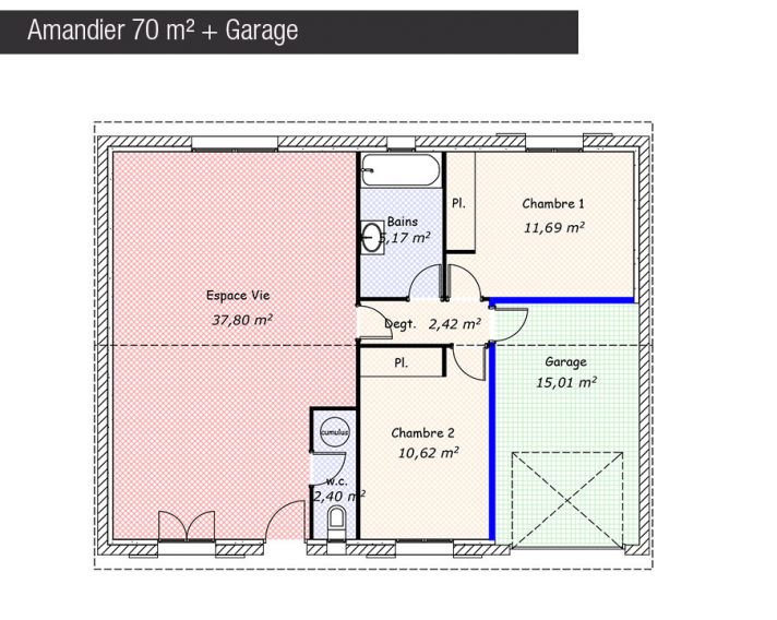 Plan maison 70 m² + Garage - Amandier - Maisons Bati France