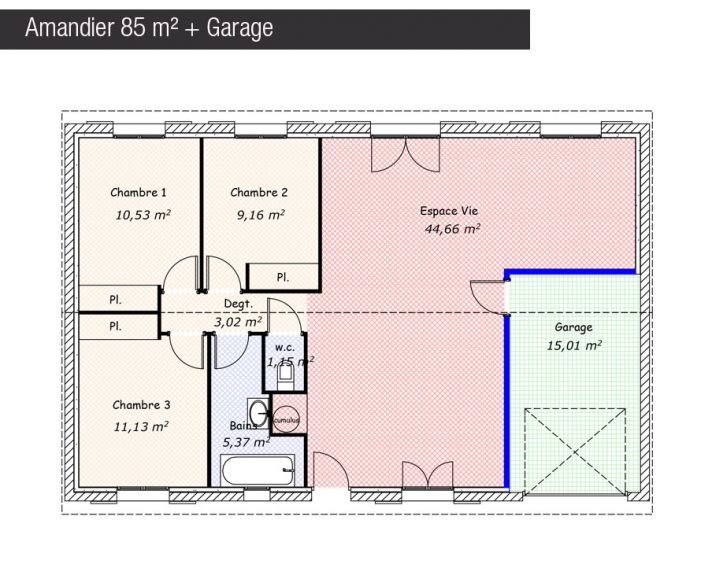 Plan maison 85 m² + Garage - Amandier - Maisons Bati France