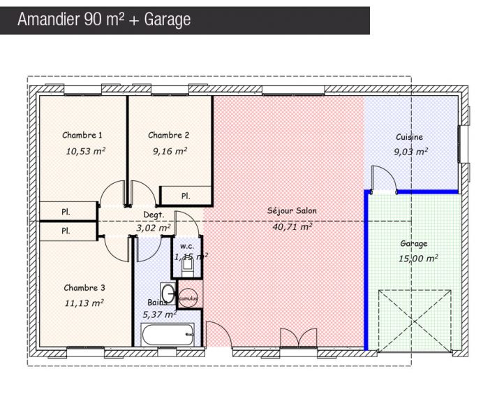 Plan maison 90 m² + Garage - Amandier - Maisons Bati France