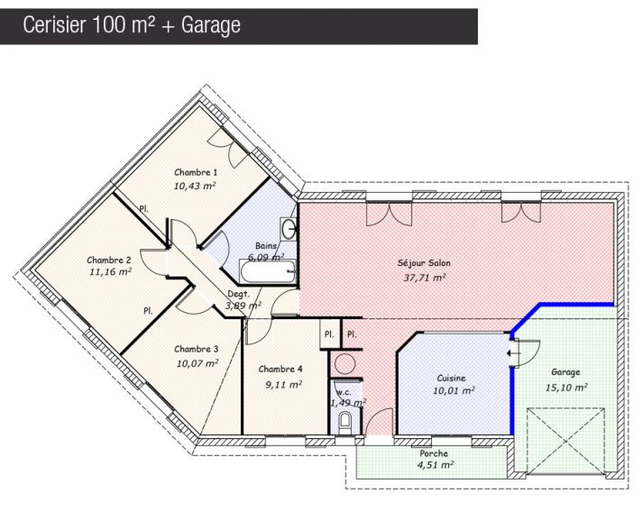 Plan maison 100 m² + Garage - Cerisier - Maisons Bati France