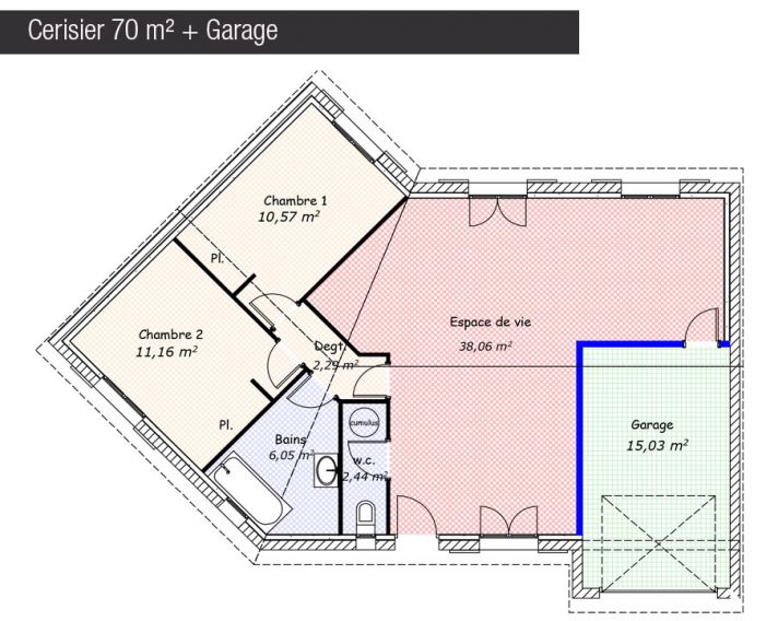Plan maison 70 m² + Garage - Cerisier - Maisons Bati France