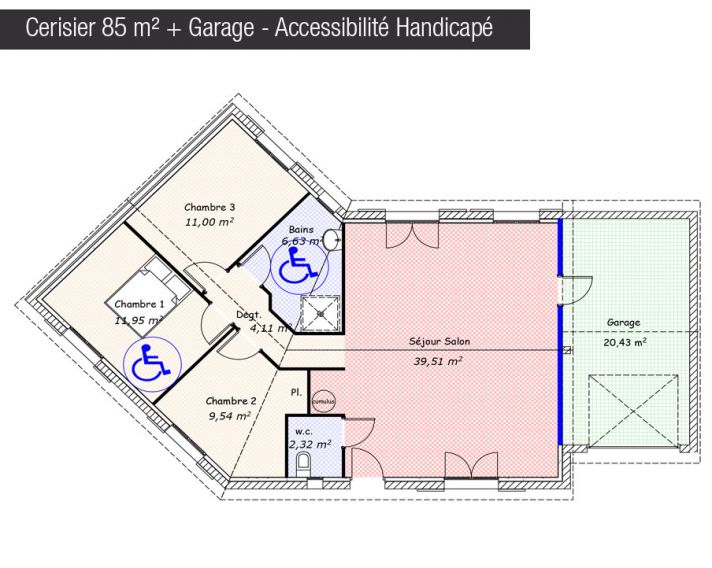 Plan maison 85 m² + Garage - Accessibilité Handicapé - Cerisier - Maisons Bati France